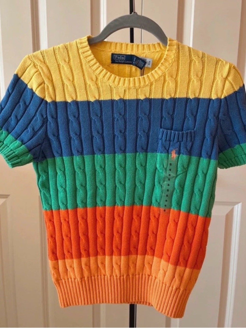 Polo Ralph Lauren Yellow, Blue & Green Cable Knit Short Sleeve Sweater